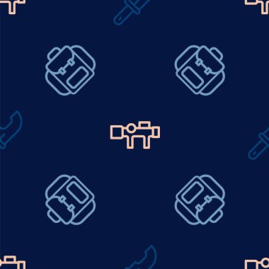 Avcı bıçağı, yürüyüş sırt çantası ve keskin nişancı optik görüşü, kusursuz desene ayarlayın. Vektör.