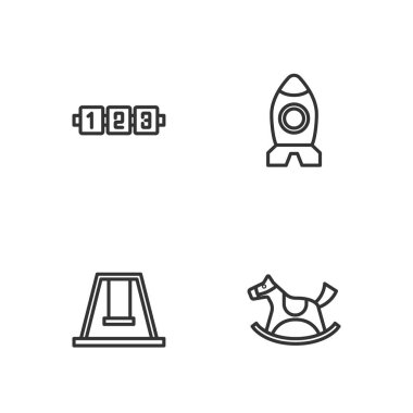 Horse 'u eyerde salla Çocuklar için Eğitim Mantık Oyunu ve Roket Gemisi oyuncak ikonu. Vektör.