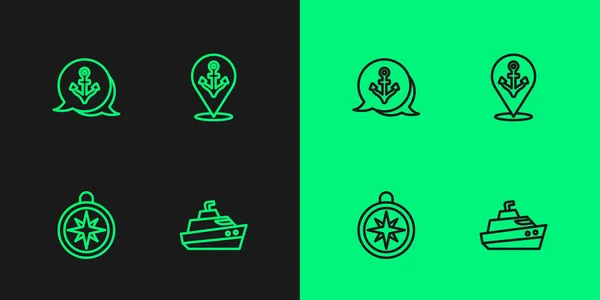 Set Line Speedboat Compass Anker Und Standort Mit Anker Symbol — Stockvektor