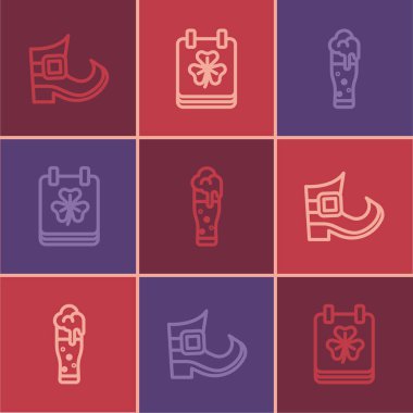 Leprikon çizmesi, bir bardak bira ve takvim ikonuyla Aziz Patrick Günü. Vektör.