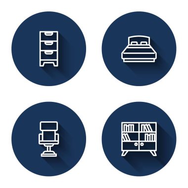 Çekmece sandığı Büyük yatak ofisi sandalyesi ve uzun gölgeli kütüphane kitaplığı. Mavi daire düğmesi. Vektör.