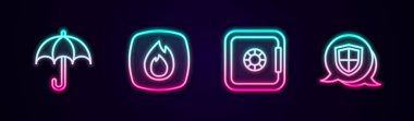 Umbrella Fire Safe ve Shield hattını ayarlayın. Parlayan neon ikonu. Vektör.