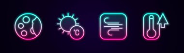 Hat çizgisi, Güneş Rüzgârı ve Termometre. Parlayan neon ikonu. Vektör.