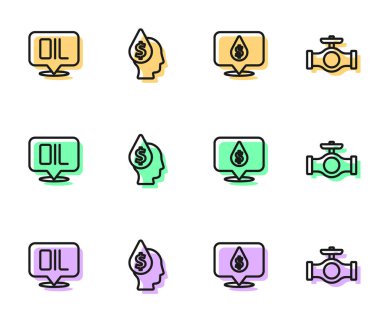 Yağ damlasını dolar sembolü, kelime yağı ve boru kapakçığı simgesi ile ayarlayın. Vektör.