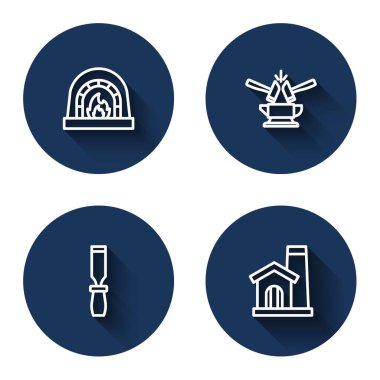 Demirci fırını Anvil ve çekiç Rasp metal dosyası ve Smithy atölyesinin içini uzun gölgelerle donatın. Mavi daire düğmesi. Vektör.