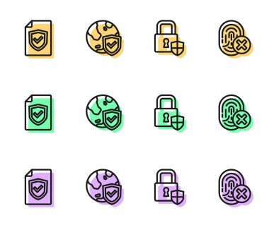 Kalkan 'ın güvenliğini kilit, kalkan dünya küresi ve iptal edilmiş parmak izi ikonu ile ayarla. Vektör.