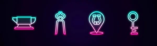 Demirci Örgüsü Örs Aletleri Nalı Eski Anahtar Parlayan Neon Ikonu — Stok Vektör