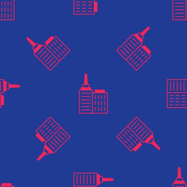 Kırmızı Şehir manzara ikonu mavi arka planda izole edilmiş kusursuz desen. Metropolis mimarisi panoramik manzara. Vektör.