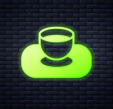 Duvarın arkasında izole edilmiş kase ikonunda parlayan neon soya sosu. Vektör.