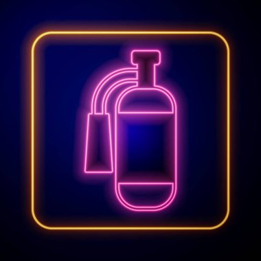 Parlayan neon yangın söndürme ikonu siyah arka planda izole edildi. Vektör.