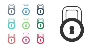 Siyah Kilit simgesi beyaz arkaplanda izole edildi. Asma kilit işareti. Güvenlik, güvenlik, koruma, gizlilik kavramı. Simgeleri renklendirin. Vektör.