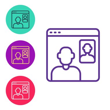 Beyaz arkaplanda görüntülü sohbet simgesini ayır. Çevrimiçi iş görüşmesi formu. Uzak proje yönetimi. Simgeleri renklendirin. Vektör.