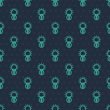 Dolar sembolü simgesi olan yeşil çizgi ampulü mavi arka planda izole edilmiş pürüzsüz desen. Para fikir üretir. Fintech yenilik konsepti. Vektör.