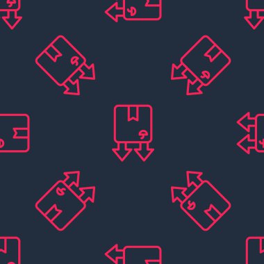 Kırmızı çizgi karton kutu ve trafik sembolü simgesi siyah zemin üzerinde izole edilmiş kusursuz desen. Kutu, paket, paket işareti. Teslimat, ulaşım ve nakliye. Vektör.