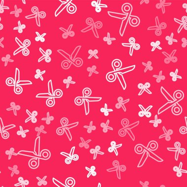 Beyaz çizgi makas simgesi kırmızı arkaplanda izole edilmiş kusursuz desen. Alet kesme işareti. Vektör.