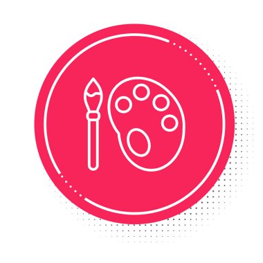 Beyaz arkaplan üzerinde palet simgesi olan beyaz çizgi boya fırçası. Kırmızı daire düğmesi. Vektör.