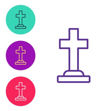 Beyaz arkaplanda çapraz simge ile çizgi Tombstone 'u ayarlayın. Mezar ikonu. Mutlu Cadılar Bayramı Partisi. Simgeleri renklendirin. Vektör.