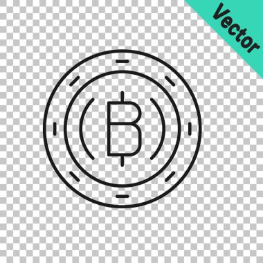 Siyah çizgi kripto para sikkesi Bitcoin simgesi şeffaf arkaplanda izole edildi. Madeni para. Engelleme zinciri tabanlı şifreli para birimi. Vektör.