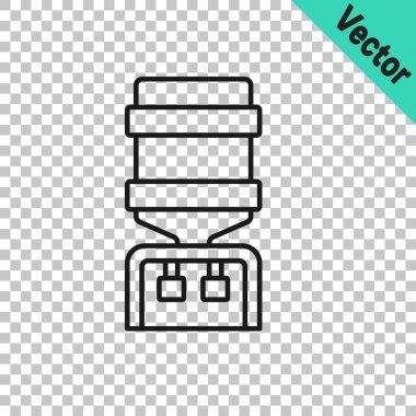 Ofis için siyah çizgi su soğutucusu ve şeffaf arka planda izole edilmiş ev simgesi. Su dağıtıcısı. Şişe ofisi, plastik ve sıvı. Vektör.