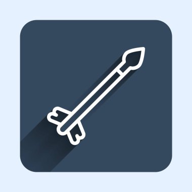 Beyaz çizgi Ortaçağ ok simgesi uzun gölge arkaplan izole. Ortaçağ silahı. Mavi kare düğme. Vektör.