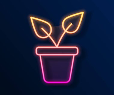 Parlayan neon hattı. Esrar ikonundaki bitki siyah arkaplanda izole edilmiş. Tencerede yetişen bir bitki. Saksı bitkisi işareti. Vektör.