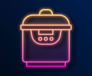 Parlayan neon hattı Yavaş pişirme simgesi siyah arkaplanda izole edildi. Elektrikli tava. Vektör.