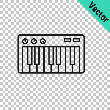 Siyah çizgi müzik sentezleyici simgesi şeffaf arkaplanda izole edildi. Elektronik piyano. Vektör.