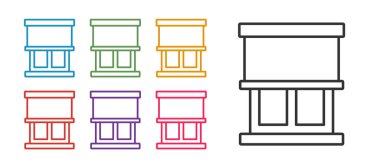 Beyaz arkaplanda izole edilmiş oda simgesinde perdeleri olan çizgi penceresini ayarla. Simgeleri renklendirin. Vektör.