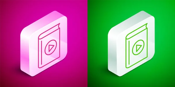 Isometric Line Audio Book Icon Isolated Pink Green Background Play — Stock Vector