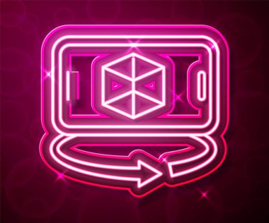 Parlayan neon hattı 3D modelleme simgesi kırmızı arkaplanda izole edildi. Artırılmış gerçeklik mi yoksa sanal gerçeklik mi? Vektör.