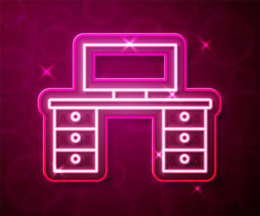 Parlayan neon hattı ofis masa simgesi kırmızı arkaplanda izole edildi. Vektör.