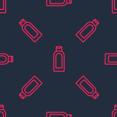 Kırmızı çizgili şampuan şişesi siyah arka planda izole edilmiş kusursuz desen. Vektör.