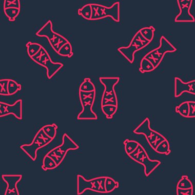 Kırmızı çizgi, siyah arka planda izole edilmiş bir tabak ikonunda balık servis ediyordu. Vektör.