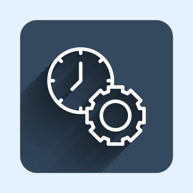 Beyaz çizgi Zaman yönetimi simgesi uzun gölge arkaplanı ile izole edildi. Saat ve vites tabelası. Üretkenlik sembolü. Mavi kare düğme. Vektör.