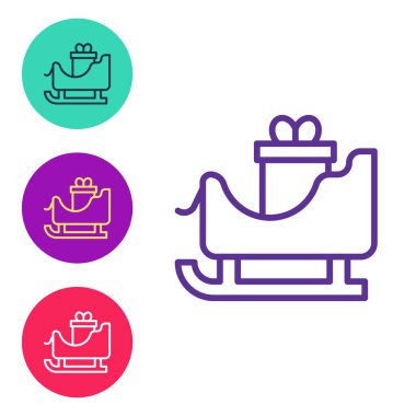 Beyaz arka planda izole edilmiş çuval torba ikonu ile Noel Baba kızağı hattı kurun. Mutlu Noeller ve mutlu yıllar. Simgeleri renklendirin. Vektör.