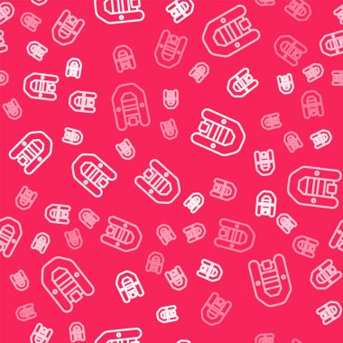 Dış motor simgesine sahip beyaz çizgi şişirilebilir tekne kırmızı arka planda izole edilmiş pürüzsüz desen. Vektör.