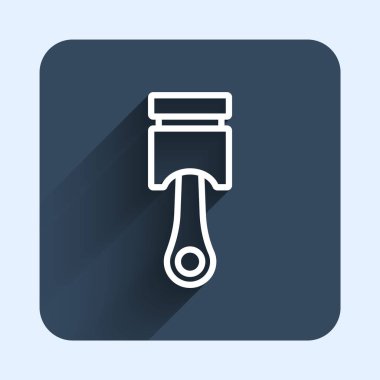 Beyaz çizgi motor piston simgesi uzun gölge arkaplanı ile izole edildi. Araba motoru pistonu işareti. Mavi kare düğme. Vektör.