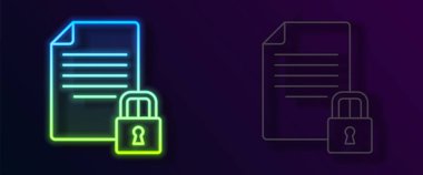 Parlayan neon hattı Belgesi ve kilit simgesi siyah arkaplanda izole edildi. Dosya biçimi ve asma kilit. Güvenlik, güvenlik, koruma kavramı. Vektör.