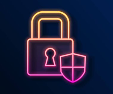 Siyah arka planda kilit simgesi izole edilmiş parlak neon hat kalkan güvenliği. Koruma, güvenlik, şifre güvenliği. Güvenlik duvarı gizlilik levhası. Vektör.