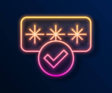 Parlayan neon hattı parola koruması ve siyah arkaplanda izole edilmiş güvenlik erişim simgesi. Güvenlik, güvenlik, koruma, gizlilik kavramı. Vektör.