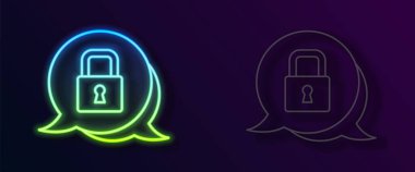 Parlayan neon çizgi simgesi siyah arkaplanda izole edildi. Asma kilit işareti. Güvenlik, güvenlik, koruma, gizlilik kavramı. Vektör.