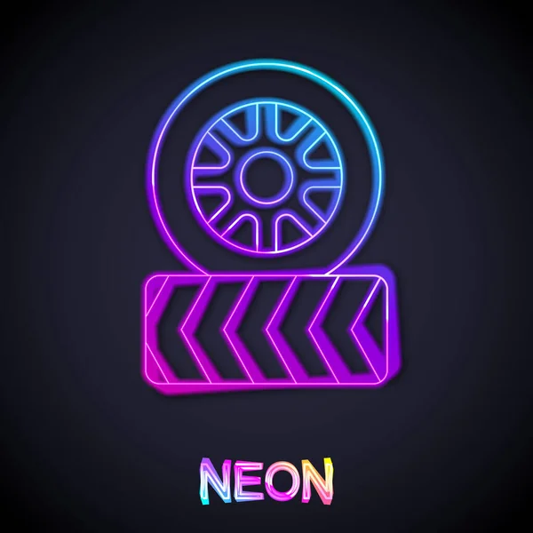 Glowing Neon Line Car Tire Wheel Icon Isolated Black Background — Stock Vector