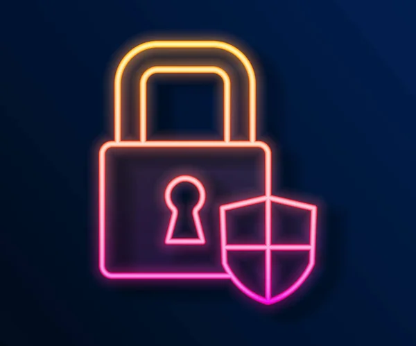 Glowing Neon Line Shield Security Lock Icon Isolated Black Background — Vetor de Stock