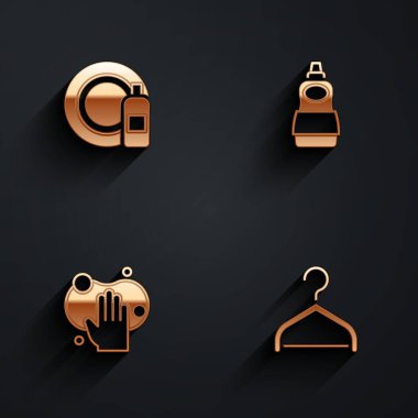 Bulaşık şişesi ve tabak deterjanı ve uzun gölgeli elbise dolabı simgesini hazırlayın. Vektör.