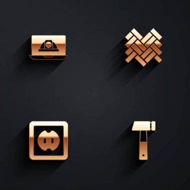 İşçi kaskı Parke Elektrik prizi ve çekiç simgesini uzun gölgeli ayarla. Vektör.