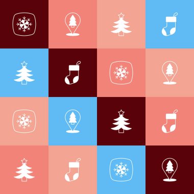 Pop Art Snowflake Noel ağacını ve çorap ikonunu hazırla. Vektör.