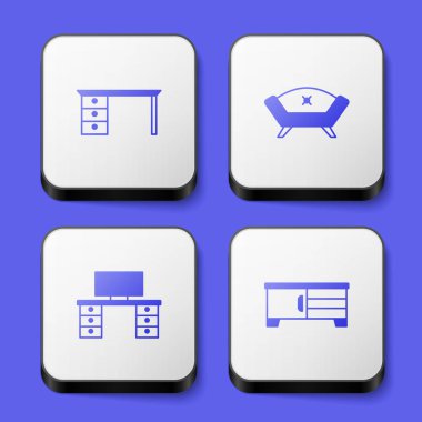 Ofis masası kanepesini ve televizyon masası simgesini ayarlayın. Beyaz kare düğme. Vektör.