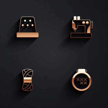 Dikiş makinesi ipliği ve Yuvarlak işlemeli, uzun gölgeli halka ikonu için Thimble 'ı ayarlayın. Vektör.