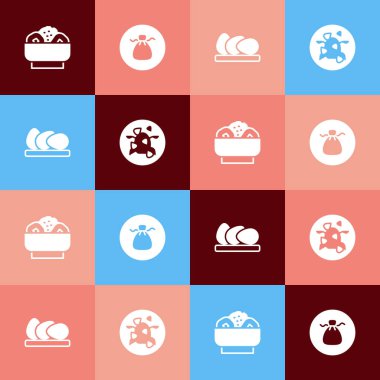 Tavuk yumurtası ve Kung Pao tavuk ikonuna Chow mein tabağı koy. Vektör.