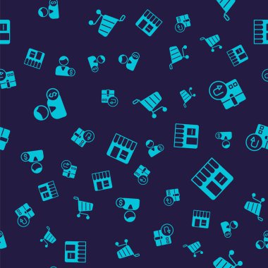 Alıcı Dönüş karton alışveriş arabası ve market dükkanını pürüzsüz bir şablona ayarla. Vektör.